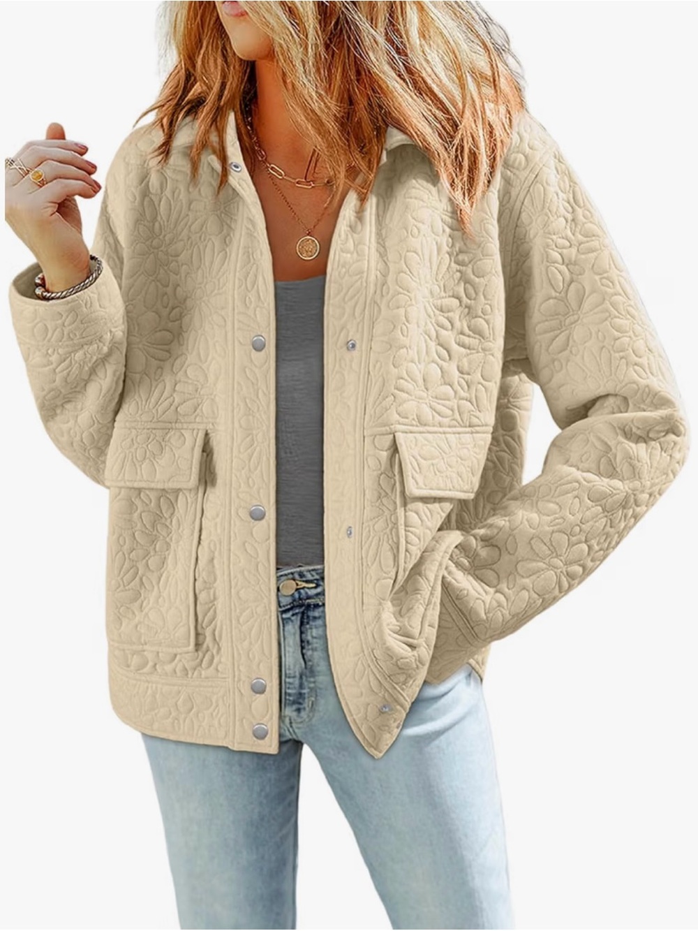 Women's Beige Quilted Loose Fit Button Down Jacket. AO6